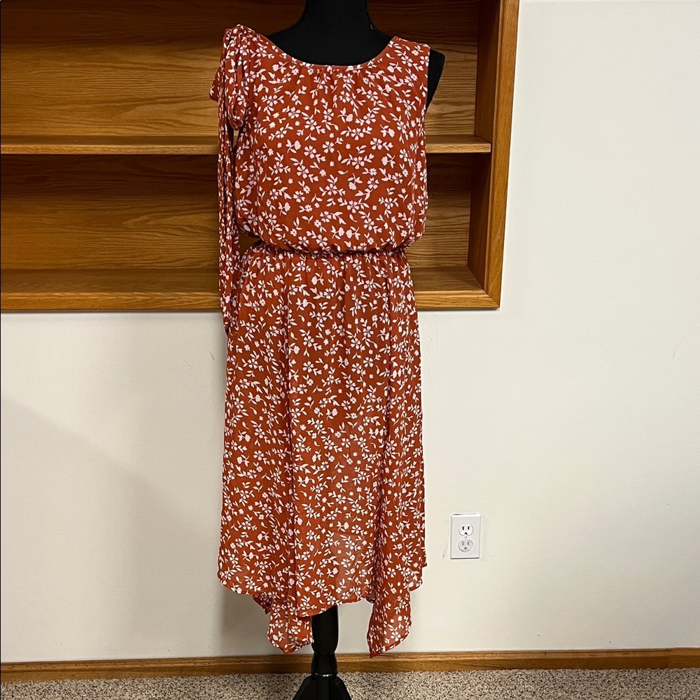 dressbarn Asymmetrical Dress in Rust and White Floral